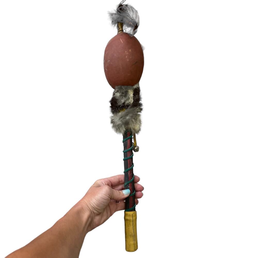 Vintage Native American Rattle Dance Ceremonial Gourd Feathers Leather READ